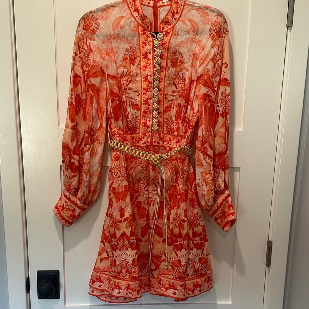 Zimmermann Orange and Cream Floral Long-Sleeve Mini Dress